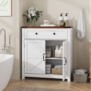 Farmhouse Storage Cabinet With Drawer And Adjustable Shelf, White Kitchen Cabinet With Walnut Countertop, Modern Coffee Bar Console Cabinet For Kitchen, Dining Room, Bathroom, Entryway