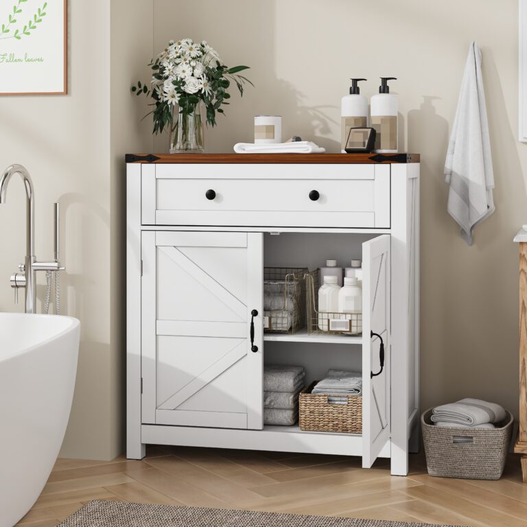 Farmhouse Storage Cabinet With Drawer And Adjustable Shelf, White Kitchen Cabinet With Walnut Countertop, Modern Coffee Bar Console Cabinet For Kitchen, Dining Room, Bathroom, Entryway