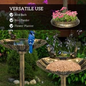 32" Antique Bird Bath Decorative Birdbath Bird Feeder Bowl with Planter Pedestal and Bird Statues, Bronze