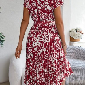 Women's Elegant Floral Print Short Sleeve Flowy Pleated Dress