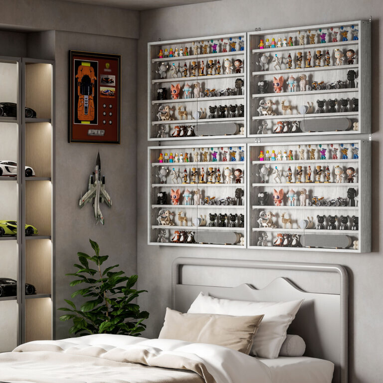 5-Tier Display Cabinet, Wall-Mounted Display Case with 2 Glass Doors and Adjustable Shelves, Gray
