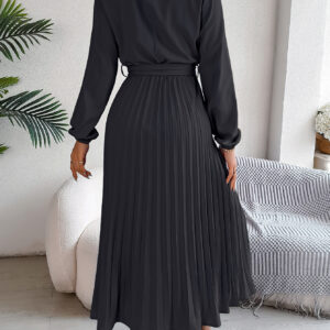 Women's Elegant Stand Collar Long Sleeve Tie Waist Pleated Maxi Evening Dress