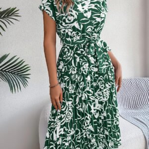 Women's Elegant Floral Print Short Sleeve Flowy Pleated Dress