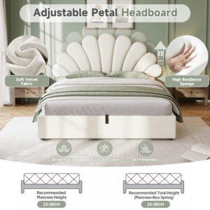 4ft6 Double Upholstered Hydraulic Bed With Adjustable Chic Petal Headboard, Soft Velvet Bed Frame With Hydraulic Storage, Petal Bed With Solid Wood Slat, No Box Spring Needed, Beige No Mattress