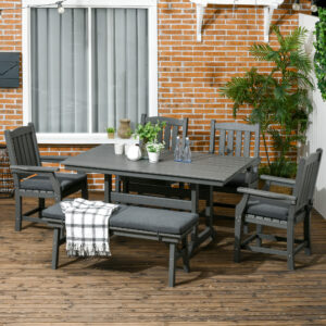 6 Pieces Patio Dining Set, 6 Seater Outdoor Table and Chairs, Conversation Furniture, Armrests, Loveseat Bench, Dinner Table with Umbrella Hole, Cushions, Dark Gray