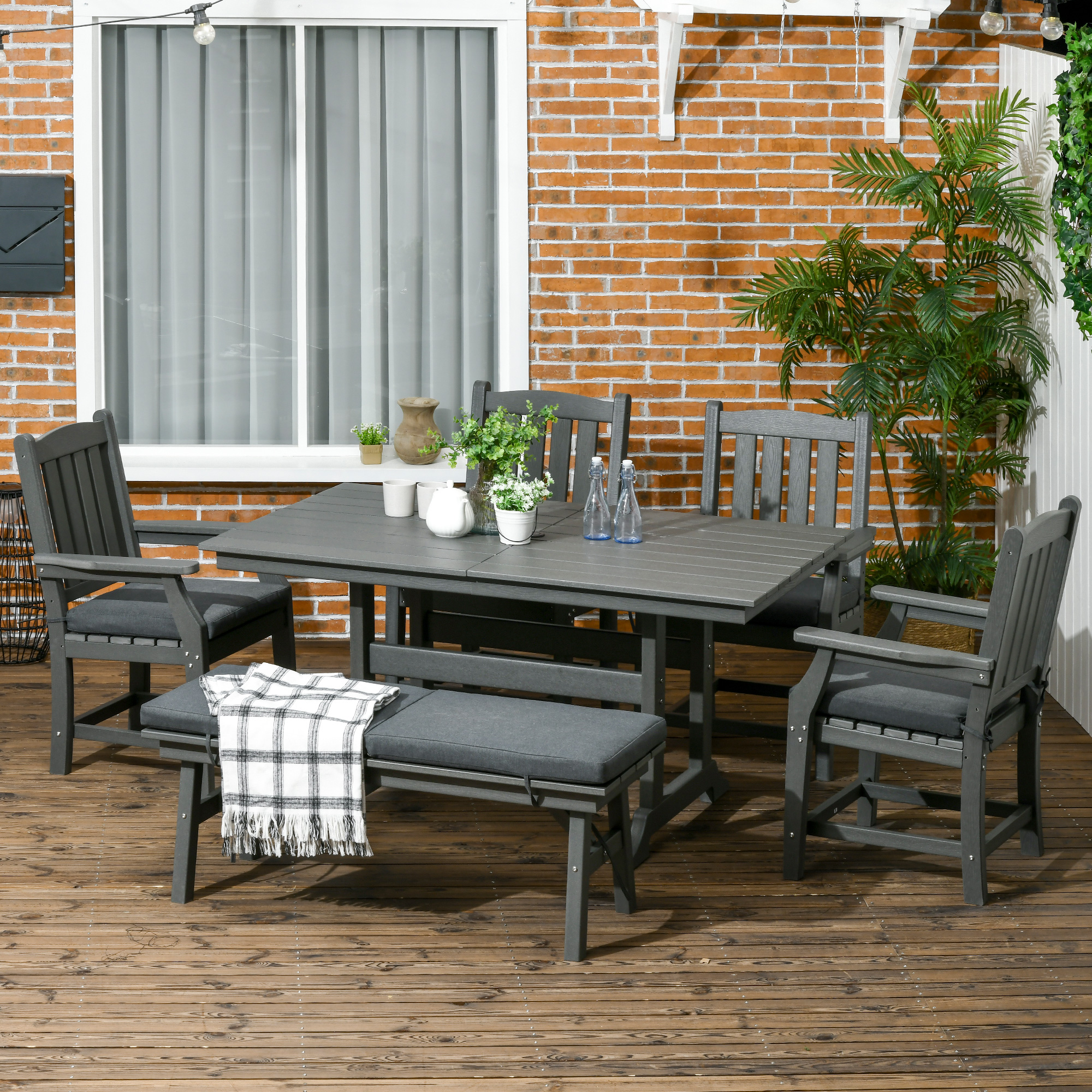 6 Pieces Patio Dining Set, 6 Seater Outdoor Table and Chairs, Conversation Furniture, Armrests, Loveseat Bench, Dinner Table with Umbrella Hole, Cushions, Dark Gray