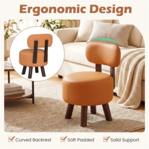 2-Piece Orange Small Footstools, Faux Leather Upholstery & Solid Rubber Wood Legs, 330LBS Load Capacity