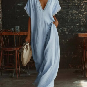 European And American Style Casual Elegant Comfortable Lace-trimmed Loose Linen Cotton Long Dress