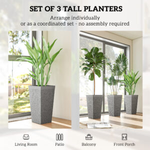 22.8 Inch Set of 3 Outdoor Planters with Stone Finish and Wheels, Stackable Tapered Planters with Drainage Hole, Gray