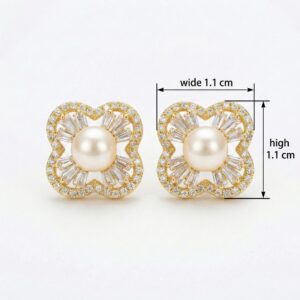 925 Sterling Silver Elegant Pearl Quatrefoil Stud Earrings with Sparkling Baguette and Pavé Accents