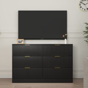 Modern 6-Drawer Dresser, Chest Of Drawers For Bedroom, Living Room, Hallway, And Entryway - Large Storage Cabinet, Black,Drawer Panel With Wavy Patterns