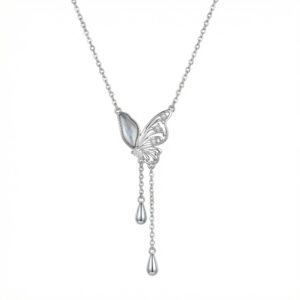 925 Sterling Silver Elegant Silver Butterfly Necklace with Iridescent Wing and Teardrop Charms