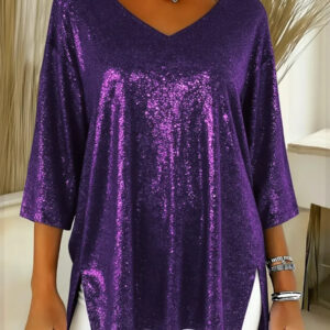 Womens Solid-Colored Loose V-Neck Cropped-Sleeve Split Top