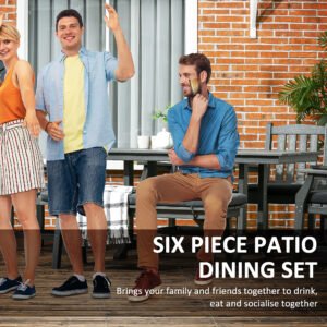6 Pieces Patio Dining Set, 6 Seater Outdoor Table and Chairs, Conversation Furniture, Armrests, Loveseat Bench, Dinner Table with Umbrella Hole, Cushions, Dark Gray