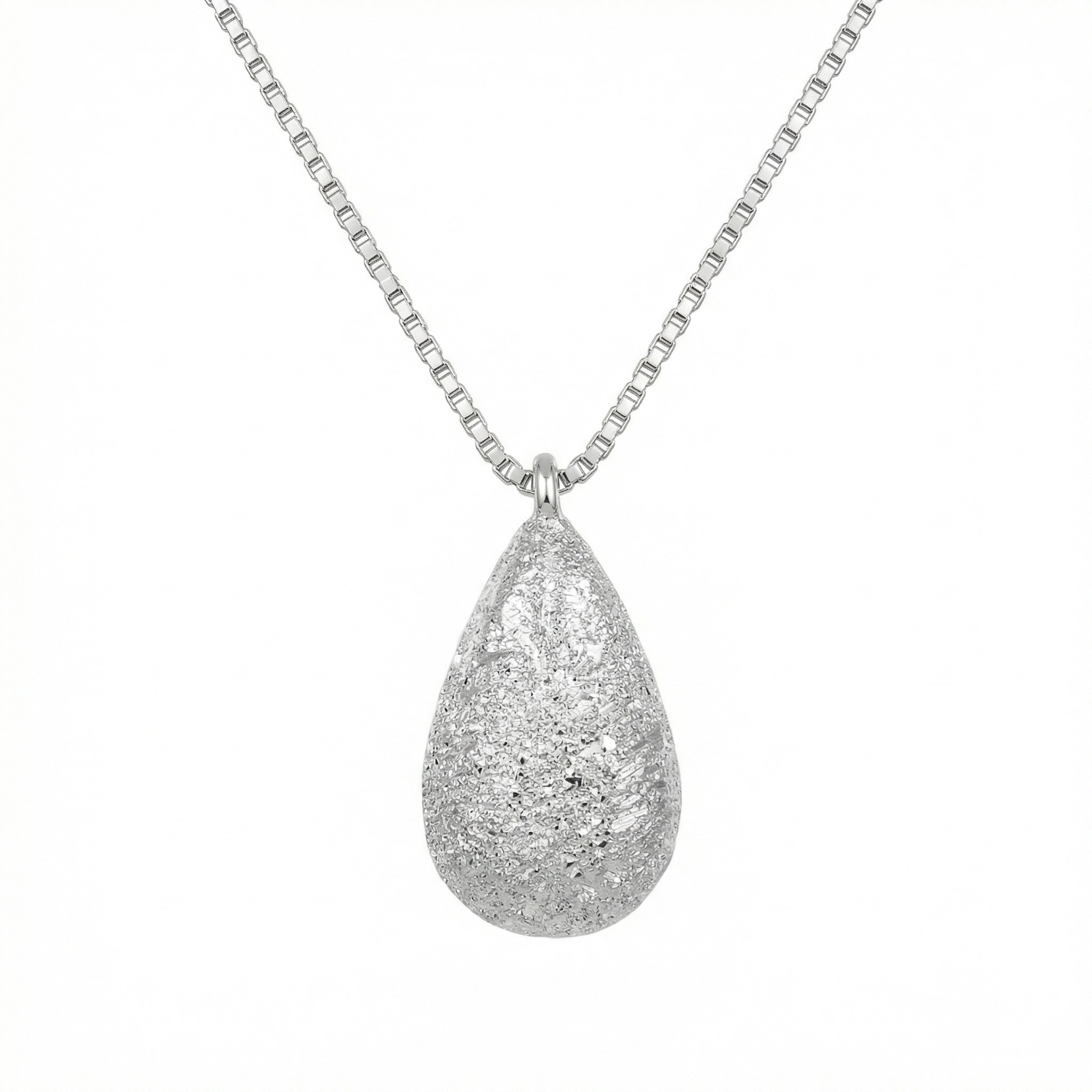 925 Sterling Silver Elegant Frosted Silver Teardrop Pendant Necklace