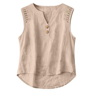 Solid-color V-neck Hollow-out Button Cotton-linen Short-sleeve Top Shirt