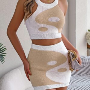 Women Color Block Cropped Top & Bodycon Skirt Knit Set