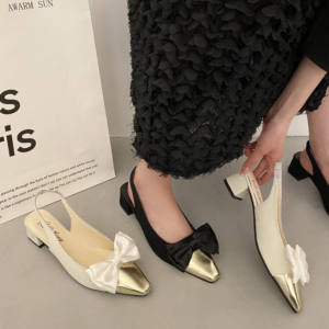 Vintage-Inspired Bow Slingback Heels With Metallic Cap Toe For Women