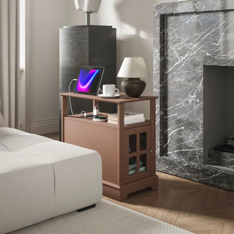 Narrow Side Table End Table With Charging Station, USB Ports, Modern End Table With Storage For Living Room, Brown