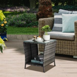 Outdoor Patio Wicker Side Table, Square End Table Bistro Coffee Table With Glass Top Storage Shelf For Porch Garden Backyard Grey(SAME AS 19215985)