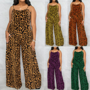 Summer Leopard-Print Strappy Casual Jumpsuit Plus Size Womens Jumpsuit