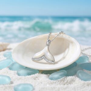 925 Sterling Silver Elegant Silver Whale Tail Necklace with Mother-of-Pearl and Sparkling Accents