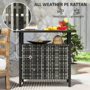 Outdoor Pool Towel Storage Cabinet Organizer, Outdoor Bar Table With Shelf And Cabinet, Pool Towel Holder Pool Valet With Weather-Resistant PE Rattan And Steel Frame, Mixed-Gray