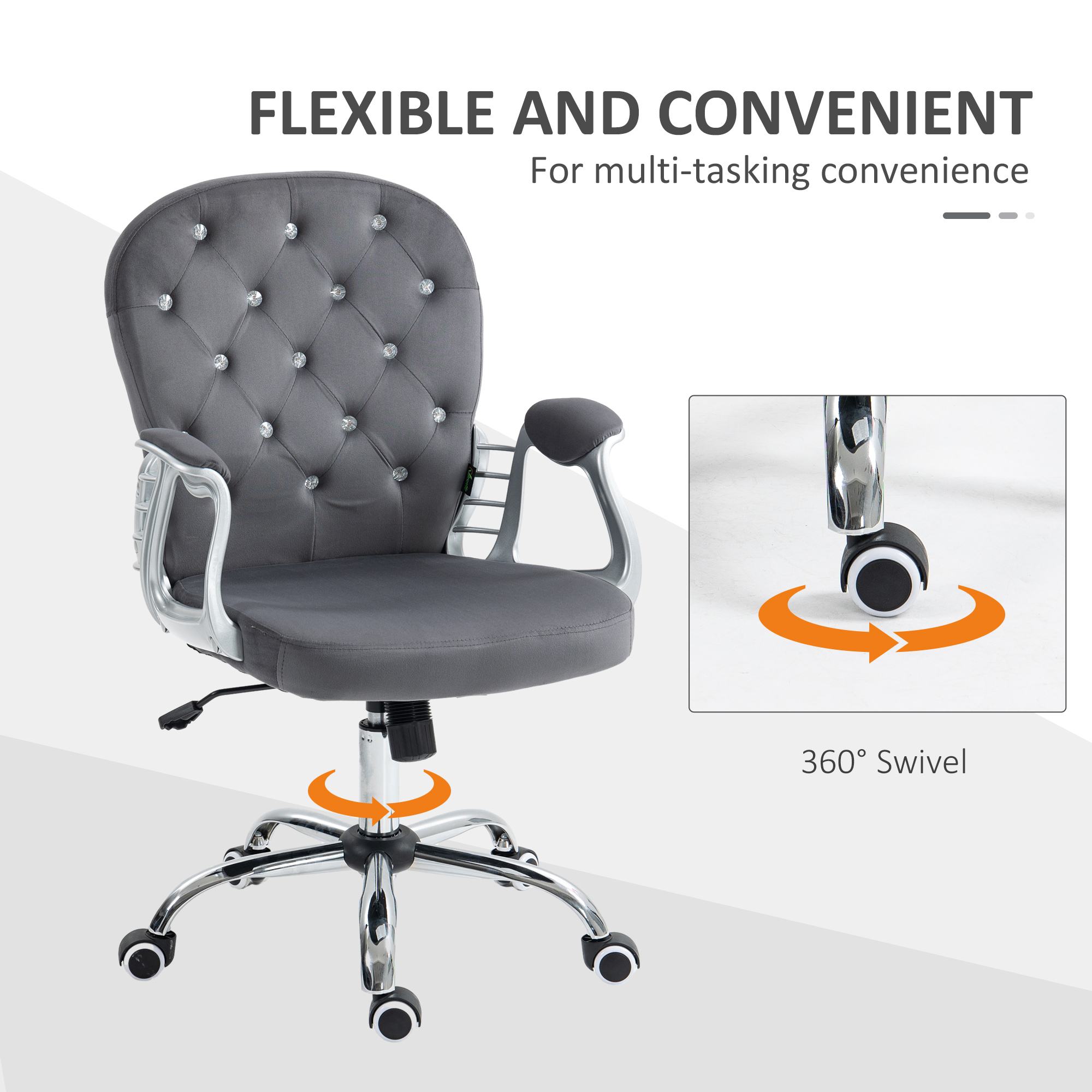 Button Tufted Desk Chair, Home Office Chair with Padded Armrests, Adjustable Height and Swivel Wheels, Dark Gray