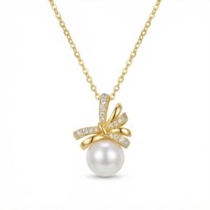 925 Sterling Silver Elegant Pearl Ribbon Pendant Necklace with Shimmering Stone Accents