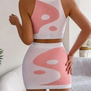 Women Color Block Cropped Top & Bodycon Skirt Knit Set