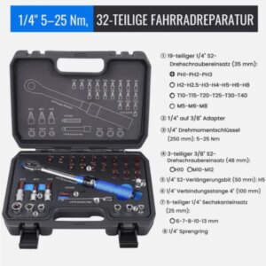 1/4 Inch Industrial-grade Torque Wrenchdjustable Torque Accuracy Kilograms Auto Mechanic Tooltorque Torque Wrench 5-25Nm Bicycle Repair Tool Kit (32-Piece)