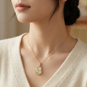 925 Sterling Silver Elegant Translucent Jadeite Double Gourd Necklace with Shimmering Gemstone Accents