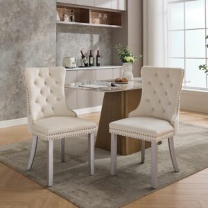 A&A Furniture, Nikki Modern, High-end Tufted Solid Wood Contemporary Velvet Upholstered Dining Chair With Wood Legs Nailhead Trim 2-Pcs Set, Milky White