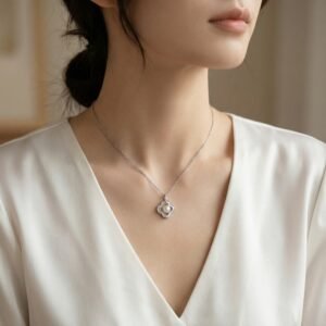 925 Sterling Silver Elegant Quatrefoil Pearl and Baguette Diamond Halo Pendant Necklace