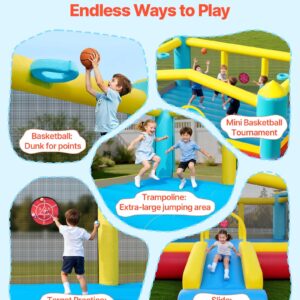 Inflatable Bounce House, 14.7 X 13.8 X 6.8 Ft Jumping Bouncy Castle, Inflatable Jumper For Kids With Slide, Basketball Hoop, Target Game & Jumping Area, Jumpings House Holds 3-4 Kids (Ages 3-8)