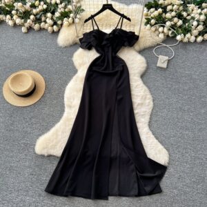 Off-the-shoulder Strap Mesh Patchwork Waist-cinched Slit Dress