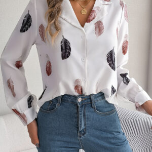 Women's Elegant Feather Print Notched Lapel Long Sleeve Shirt