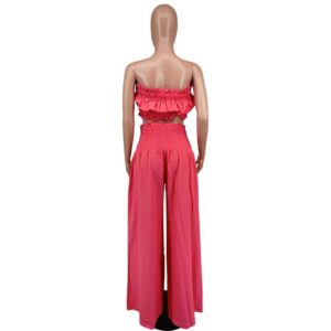 Summer Autumn Solid-Color Womens Casual Tube Top And High-Waist Drawstring Wide-Leg Pants
