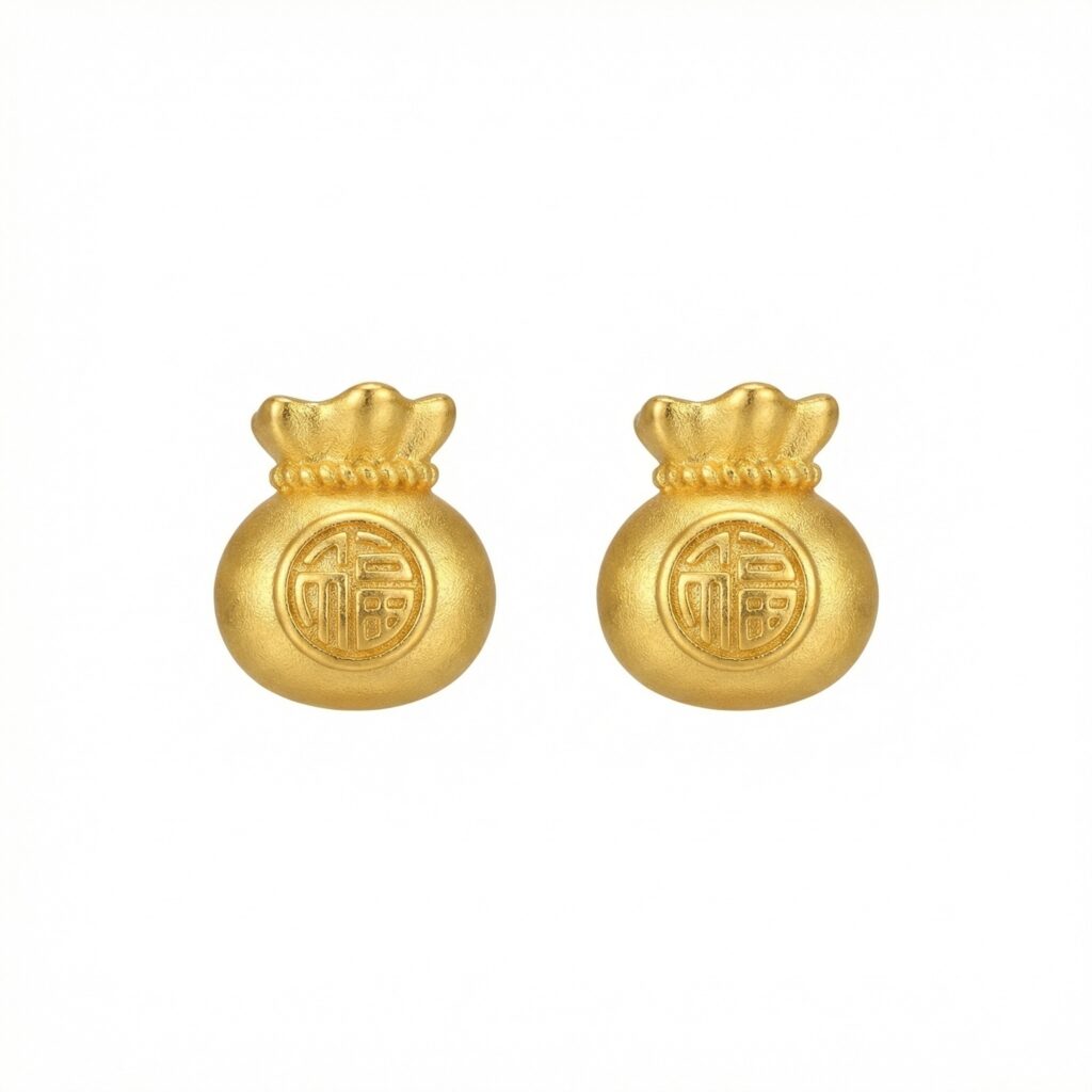 925 Sterling Silver Prosperity Money Bag Studs with Red Fu Character Blessing
