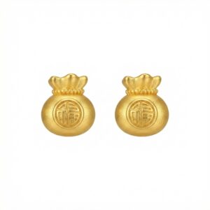 925 Sterling Silver Prosperity Money Bag Studs with Red Fu Character Blessing