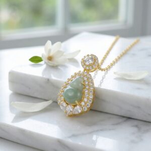 925 Sterling Silver Exquisite Green Jadeite Gourd Pendant Necklace with Shimmering Stone Embellishments