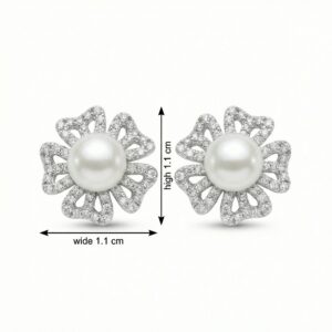 925 Sterling Silver Elegant Pearl and Diamond-Encrusted Floral Openwork Stud Earrings