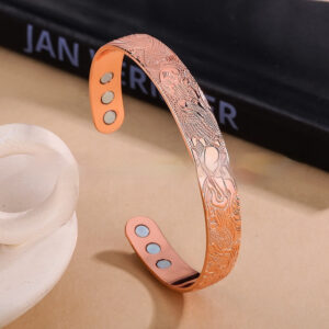 Dragon And Phoenix Pattern Vintage Solid Copper Magnetic Open-End Adjustable Bracelet For Men And Women