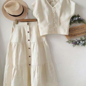 Gentle Style V-neck Button-down Sleeveless Top And High-waisted Skirt Set For Women
