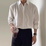 Men's Casual Loose-Fit Long-Sleeve Vertical-Striped Shirt