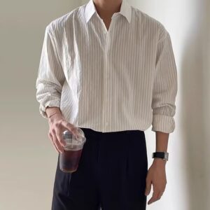 Men’s Casual Loose-Fit Long-Sleeve Vertical-Striped Shirt