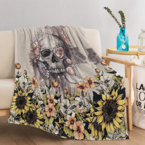 Skull Flannel Throw Blanket Sunflower Skull Pattern Blanket Soft Beige Throw Blanket For Couch Bed And Sofa