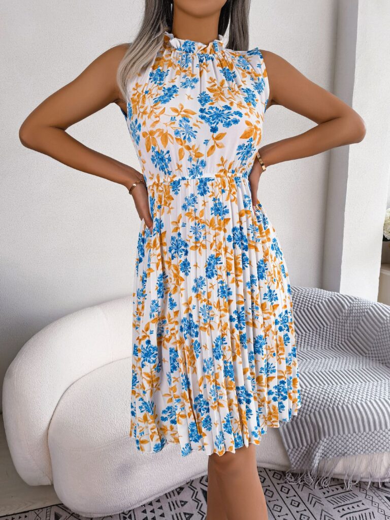 Women Elegant Ruffle Trim Floral Print Tie Waist Pleated Dress