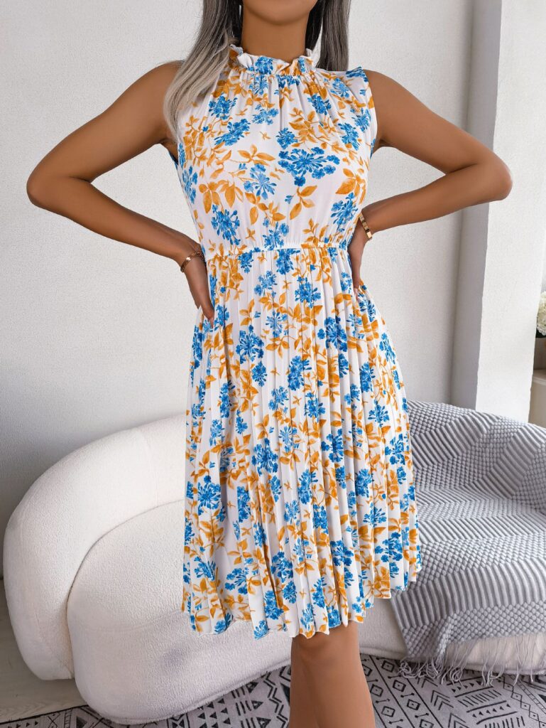Women Elegant Ruffle Trim Floral Print Tie Waist Pleated Dress