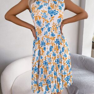 Women Elegant Ruffle Trim Floral Print Tie Waist Pleated Dress